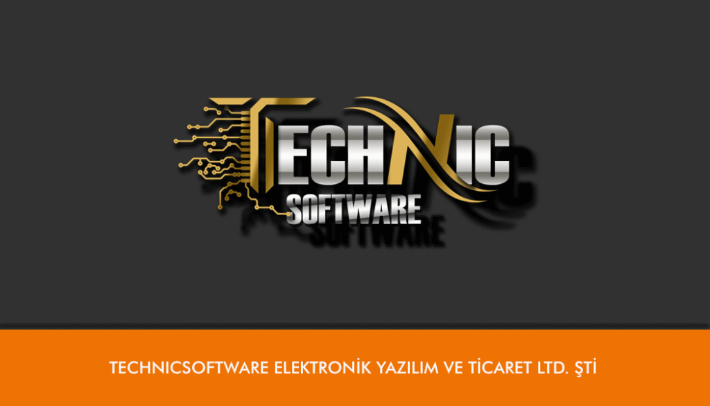 koyu gri zemin üzerinde technic software logosu ve altında turucu şerit üzerinde şirket ünvanı tazan kartvizit arkası olan görsel
