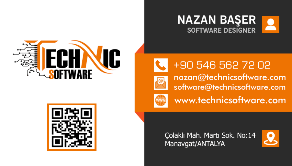 üzerinde Nazan Başer'e ait iletişim bilgileri ve technic software logosu olan kartvizit görseli