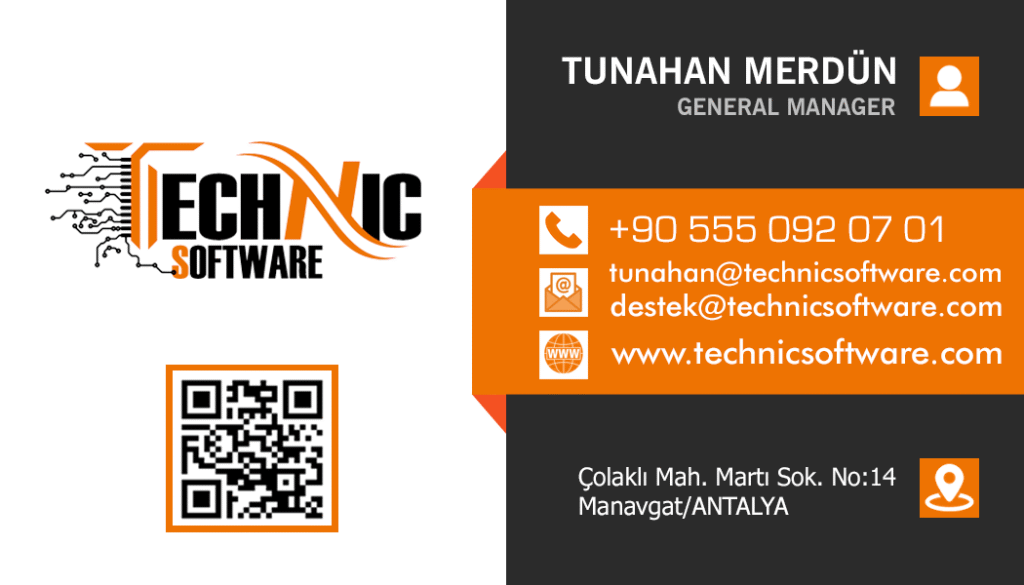 üzerinde Tunahan Merdün'e ait iletişim bilgileri ve technic software logosu olan kartvizit görseli