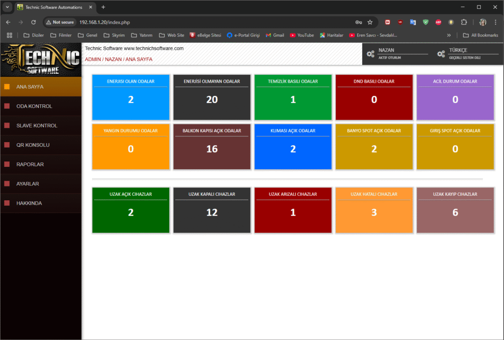 bilgisayar web tarayıcı içerisinde TNS otomasyon sistemi kontrol paneli ana menü olan görsel