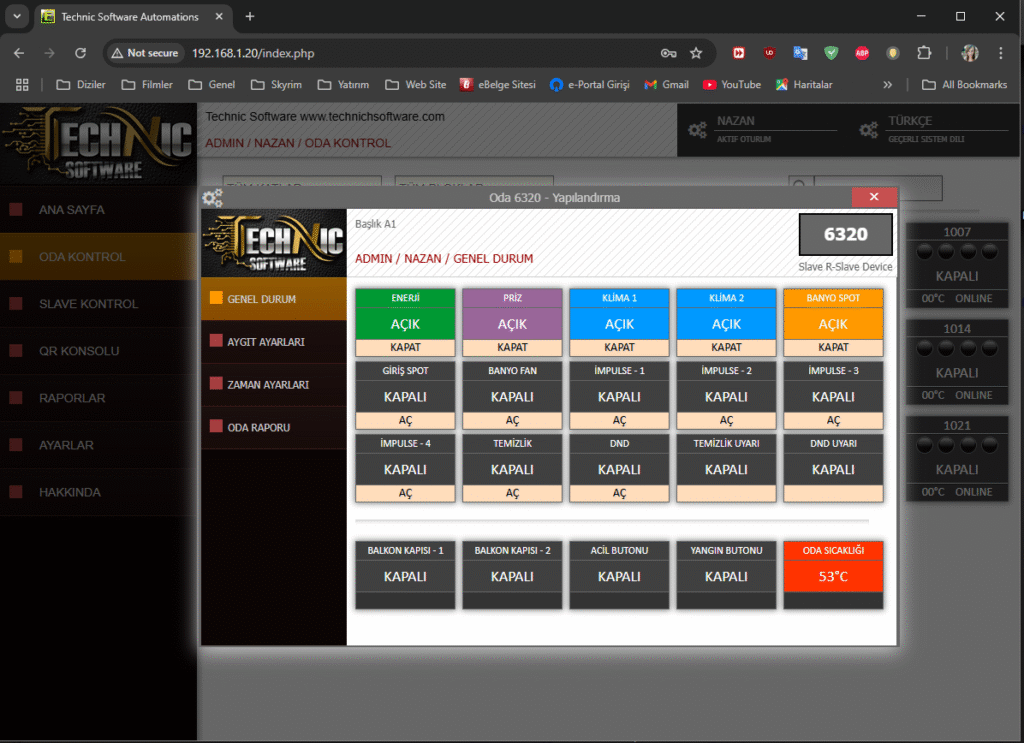 bilgisayar web tarayıcı içerisinde TNS otomasyon sistemi kontrol paneli oda kontrol menüsü olan görsel