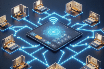 merkezinde tablet olan etrafında oda kontrolleri ile ilgili oda resimleri olan dijital ortamda oluşturulmuş görsel