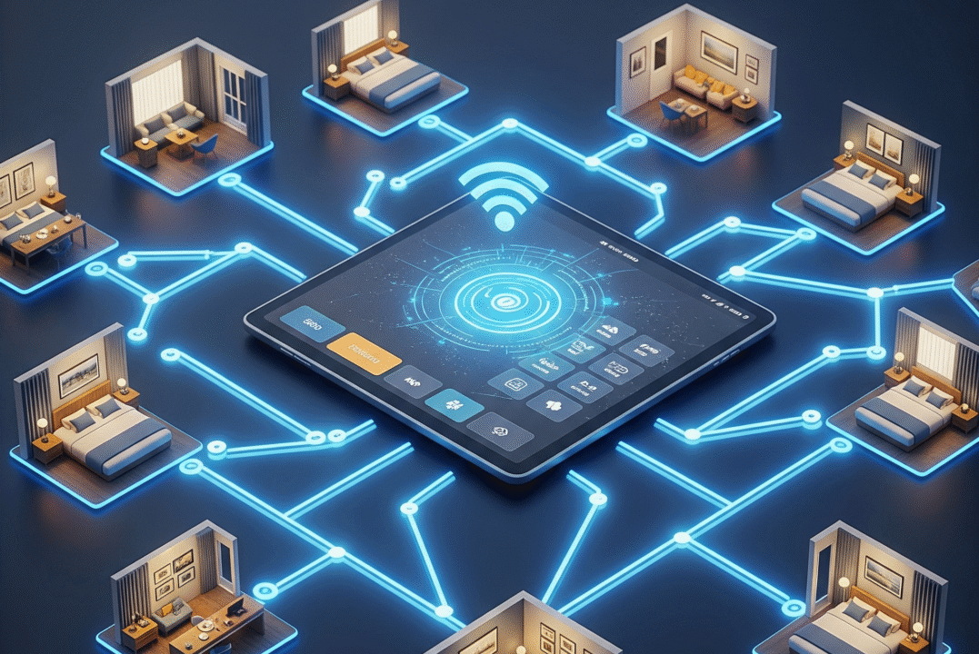 merkezinde tablet olan etrafında oda kontrolleri ile ilgili oda resimleri olan dijital ortamda oluşturulmuş görsel