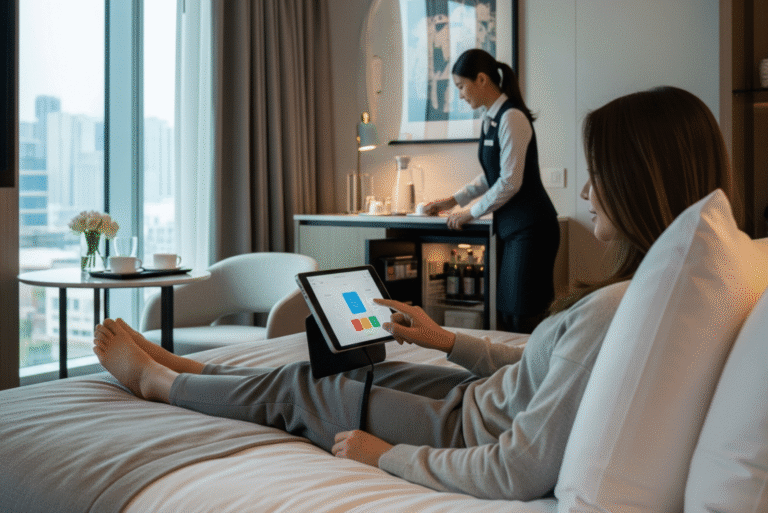 Otel odasında yatakta uzanan ve tablet ile oda kontrolü yapan bayan görseli