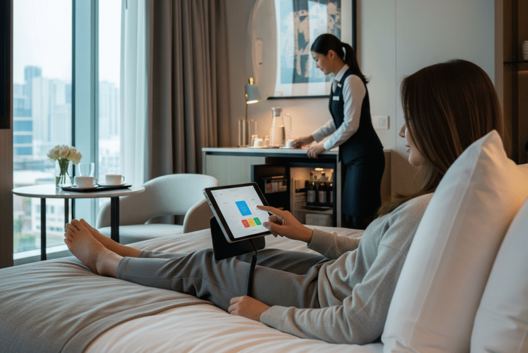 Otel odasında yatakta uzanan ve tablet ile oda kontrolü yapan bayan görseli